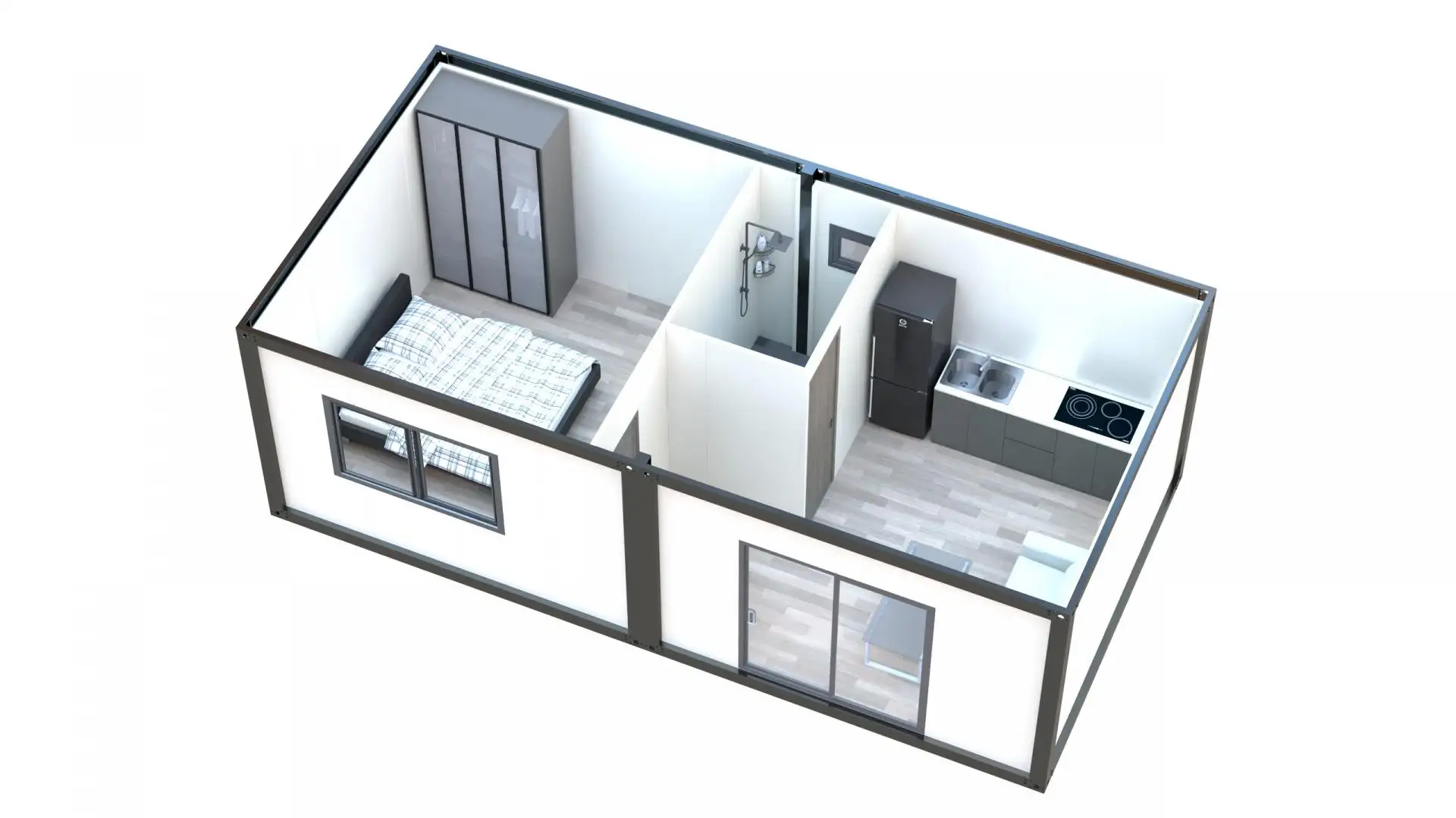 3D interior view of portable home showing master bedroom with wardrobe space and ensuite bathroom access.