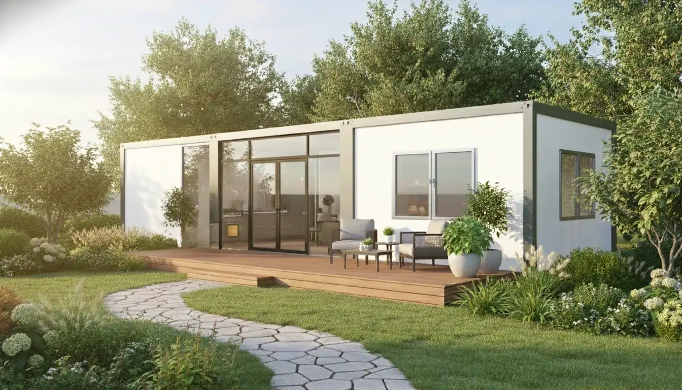 12m x 4m Relocatable Home front view with large glass doors