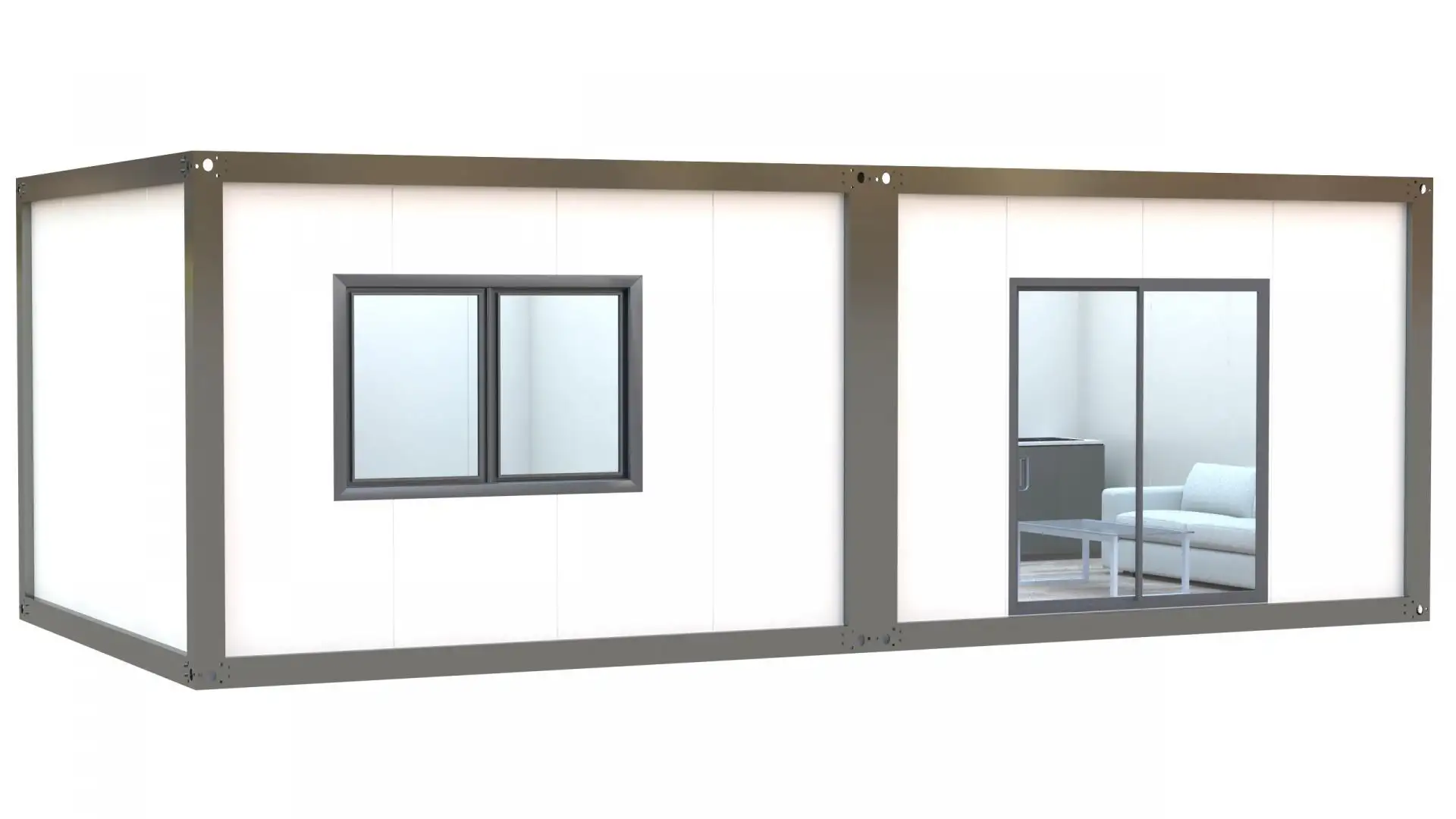 Modules are bolt-connected on-site to create a spacious 32sqm home.