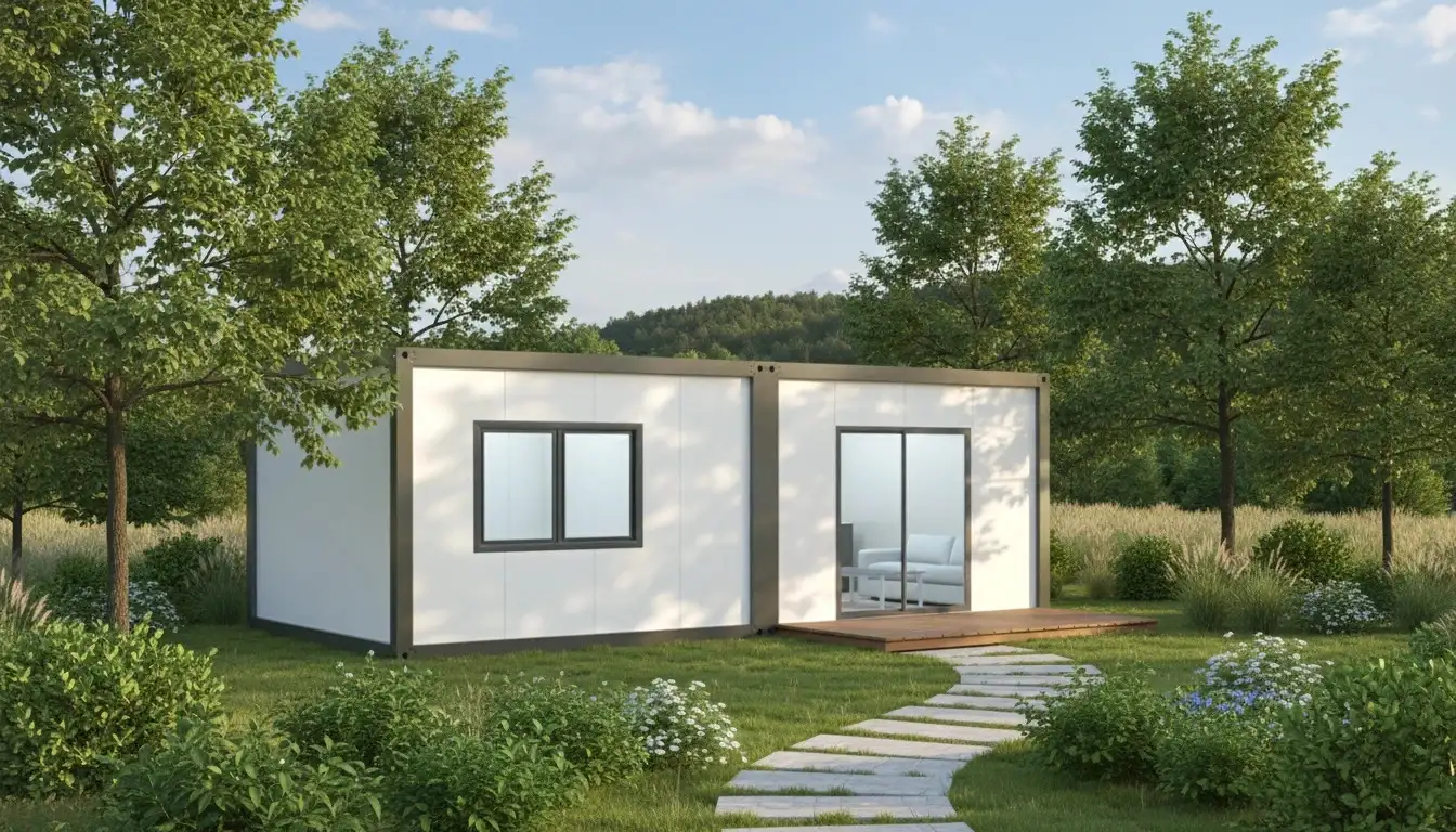 Modern 8m x 4m granny flat design in a backyard garden setting with sliding glass doors.