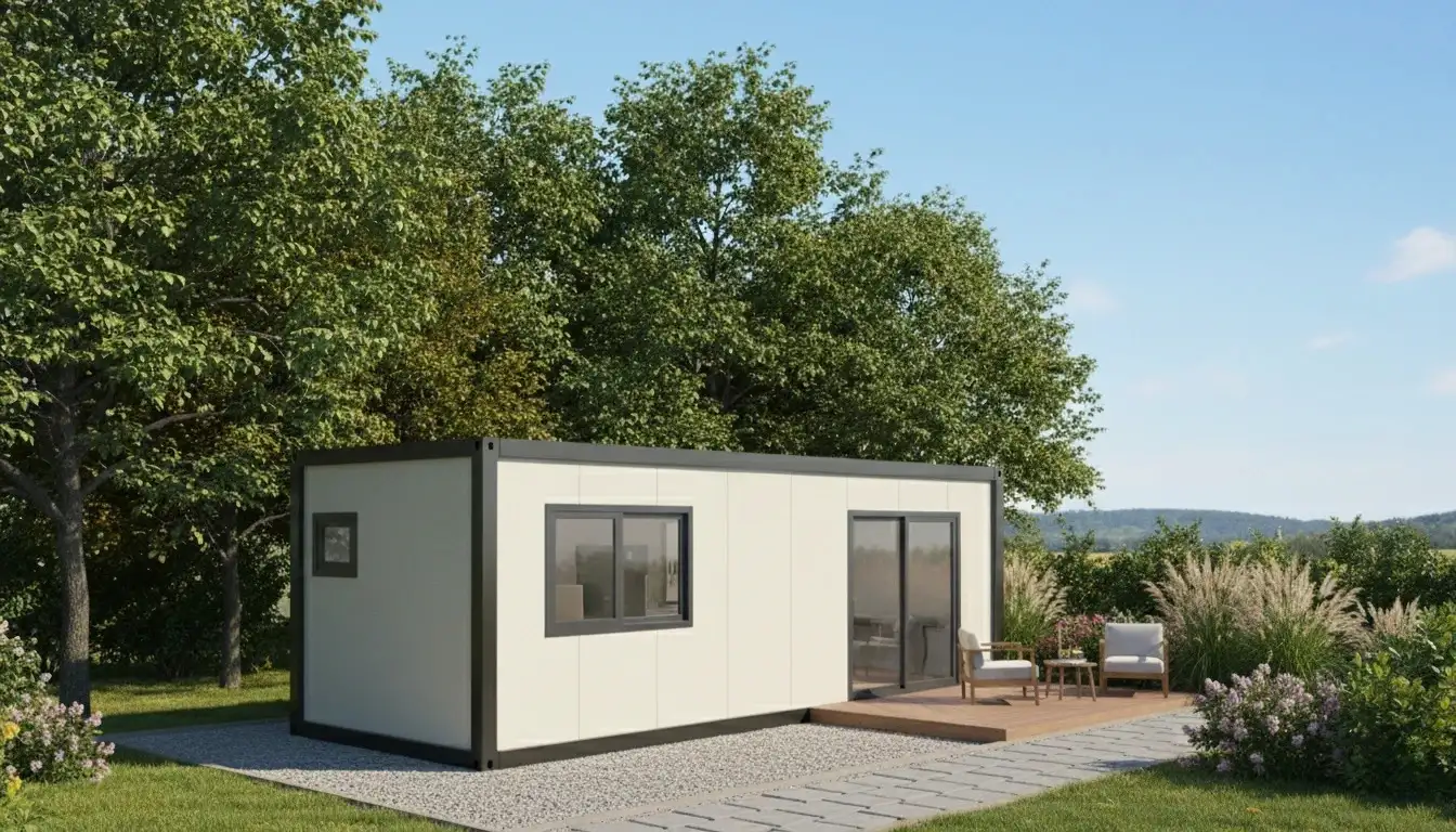 Create a luxury retreat in your own backyard with our wide-body portable cabin featuring a timber deck and modern glass facade.