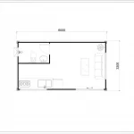 2D floor plan of 6m x 3.3m portable cabin showing ensuite bathroom and open plan living.