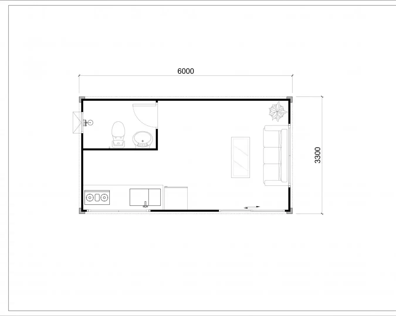 2D floor plan of 6m x 3.3m portable cabin showing ensuite bathroom and open plan living.