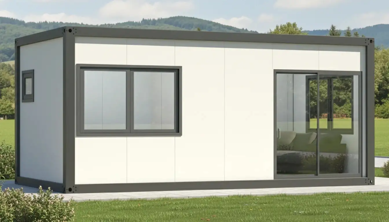 Exterior of 6m portable cabin with aluminium sliding glass doors and windows.