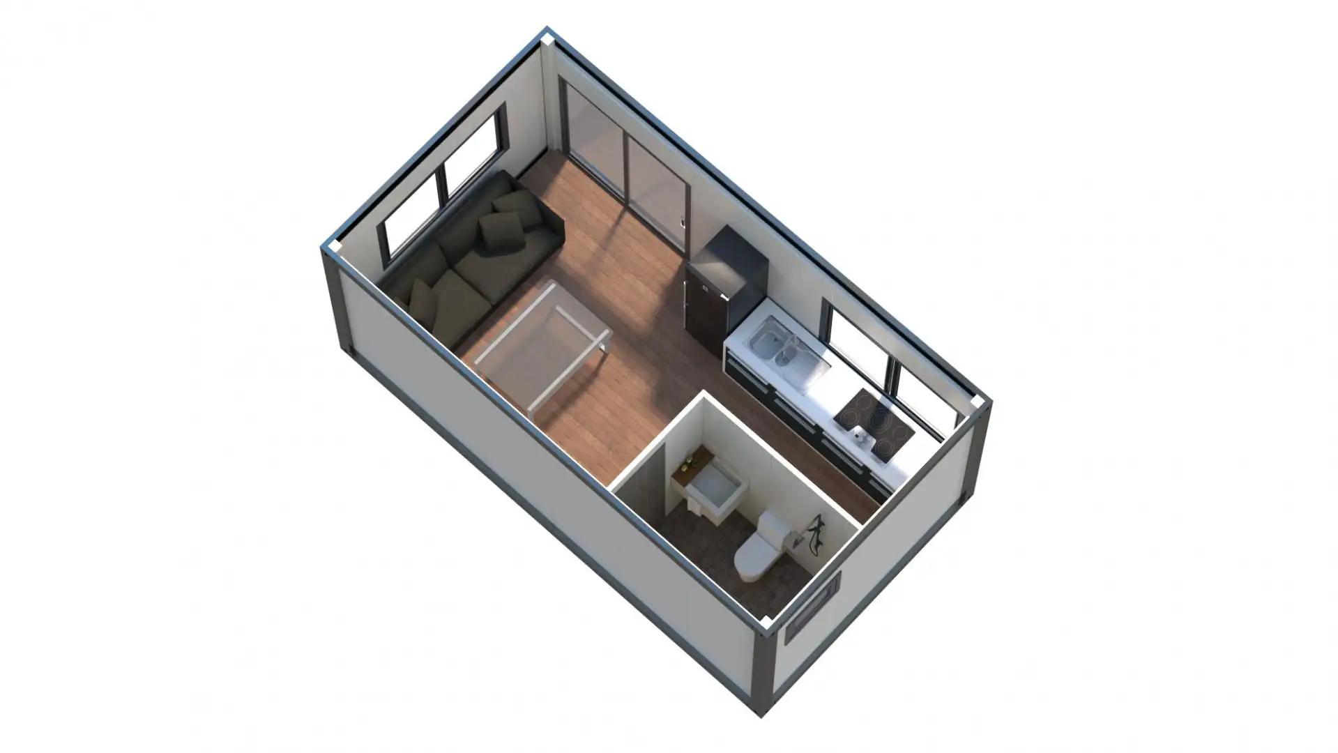 The spacious interior of our portable cabin allows for a full lounge suite without feeling cramped.