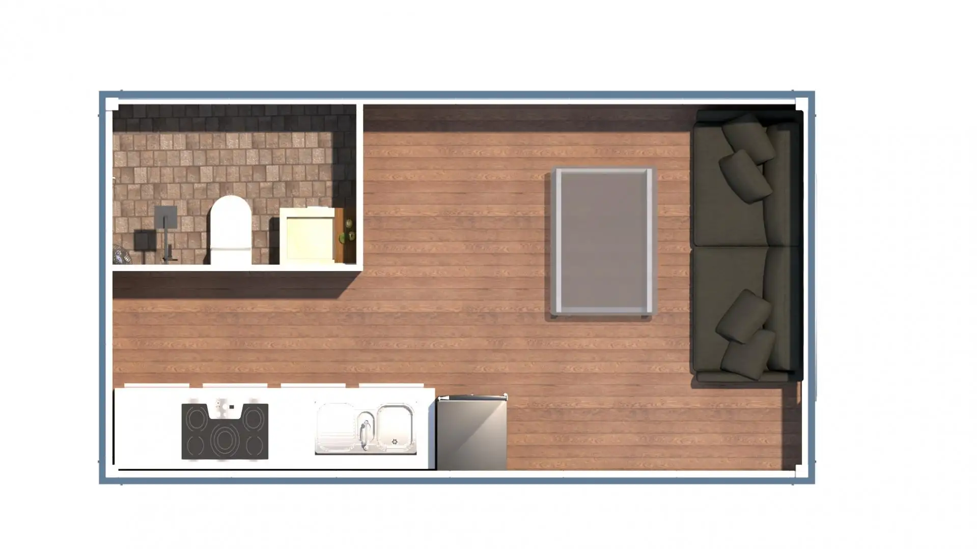 3D top-down view of furnished portable cabin interior with sofa and kitchenette.