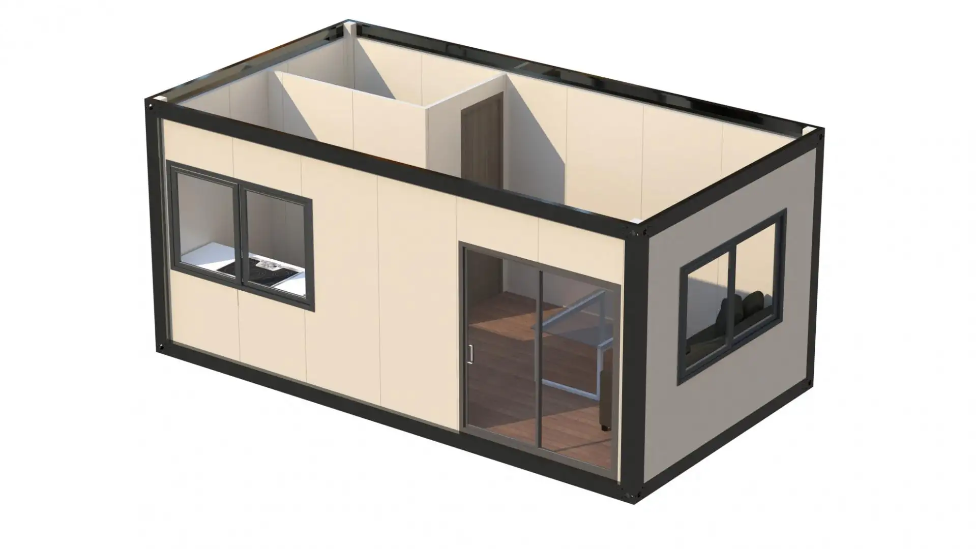 Smart zoning inside the portable cabin separates the sleeping area from the bathroom amenities.